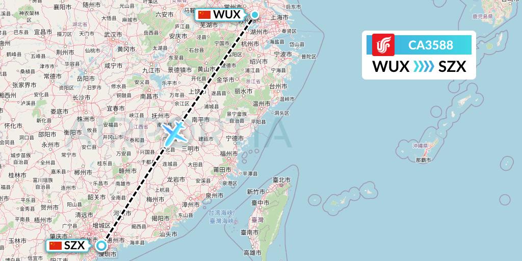 CA3588 Air China Flight Map: Wuxi to Shenzhen