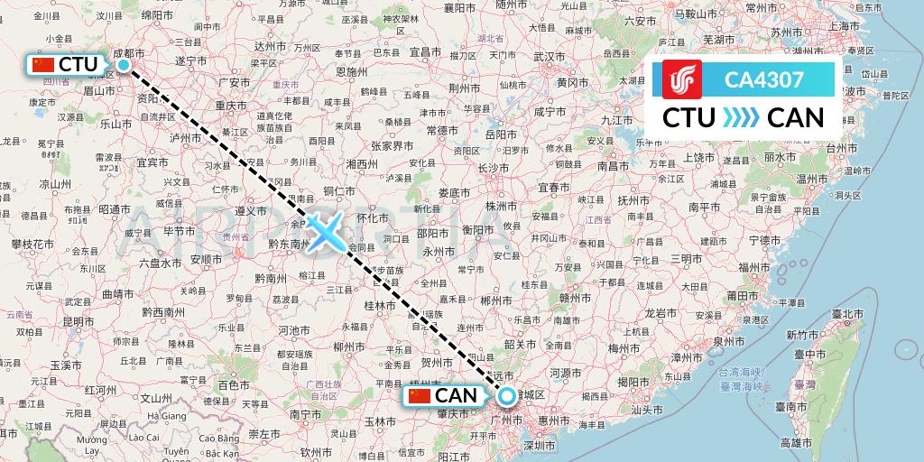 CA4307 Air China Flight Map: Chengdu to Guangzhou