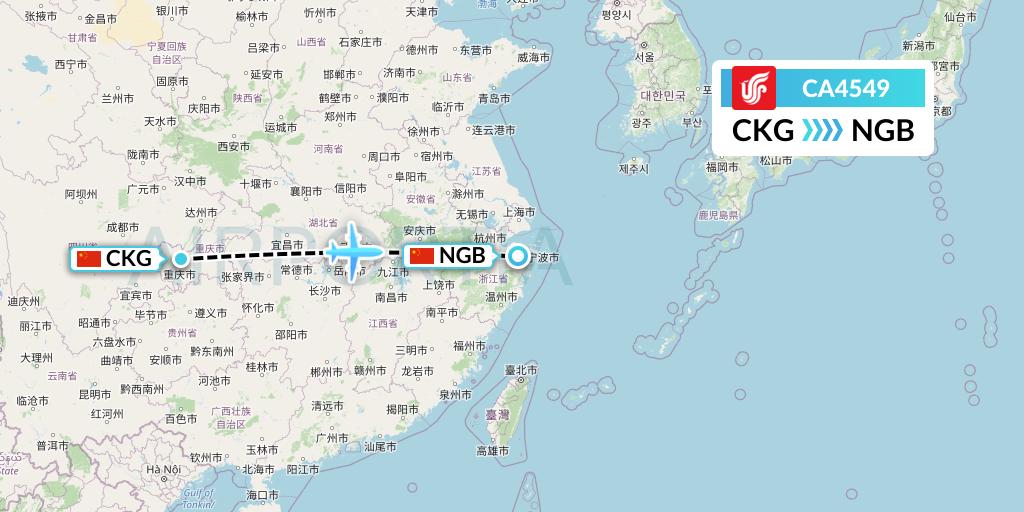 CA4549 Air China Flight Map: Chongqing to Ningbo