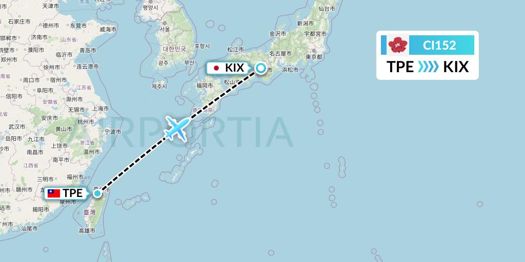 CI152 China Airlines Flight Map: Taipei to Osaka