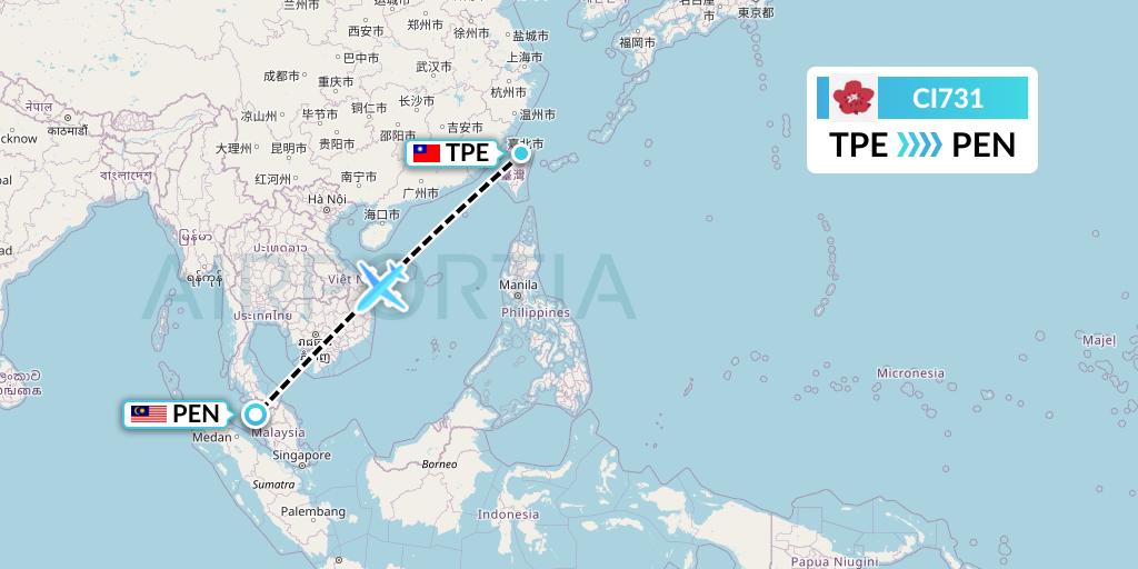 CI731 China Airlines Flight Map: Taipei to Penang