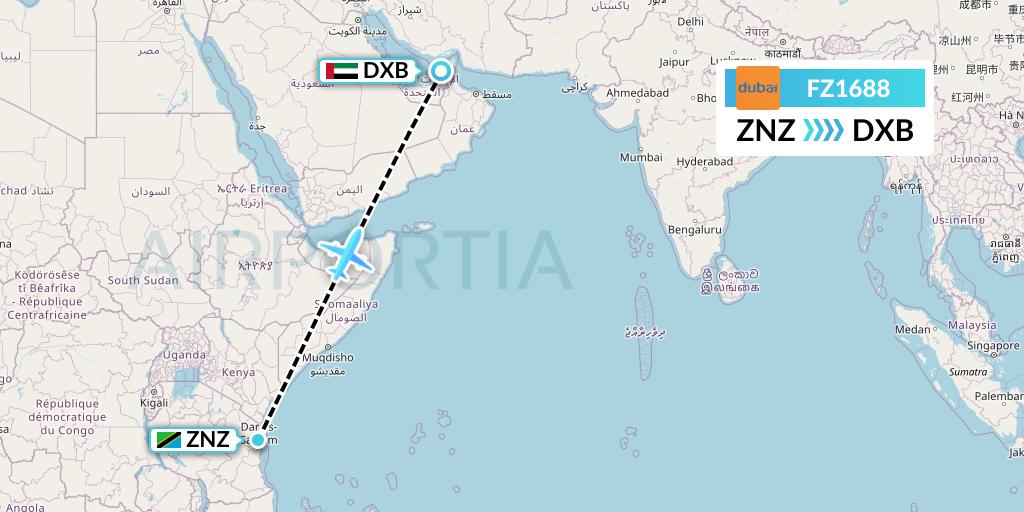 FZ1688 FlyDubai Flight Map: Zanzibar to Dubai