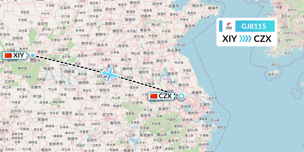 GJ8115 Loong Airlines Flight Map: Xi'an to Changzhou