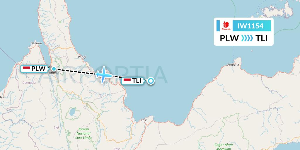 IW1154 Wings Air Flight Map: Palu to Toli Toli-Celebes Island