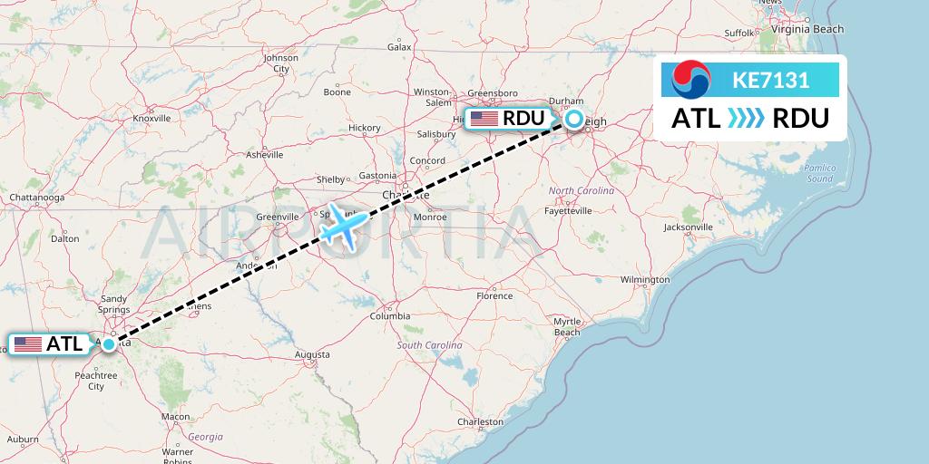 KE7131 Korean Air Flight Map: Atlanta to Raleigh-Durham