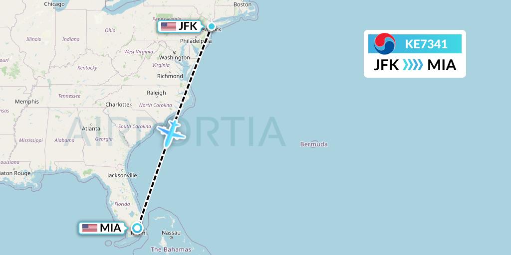KE7341 Korean Air Flight Map: New York to Miami