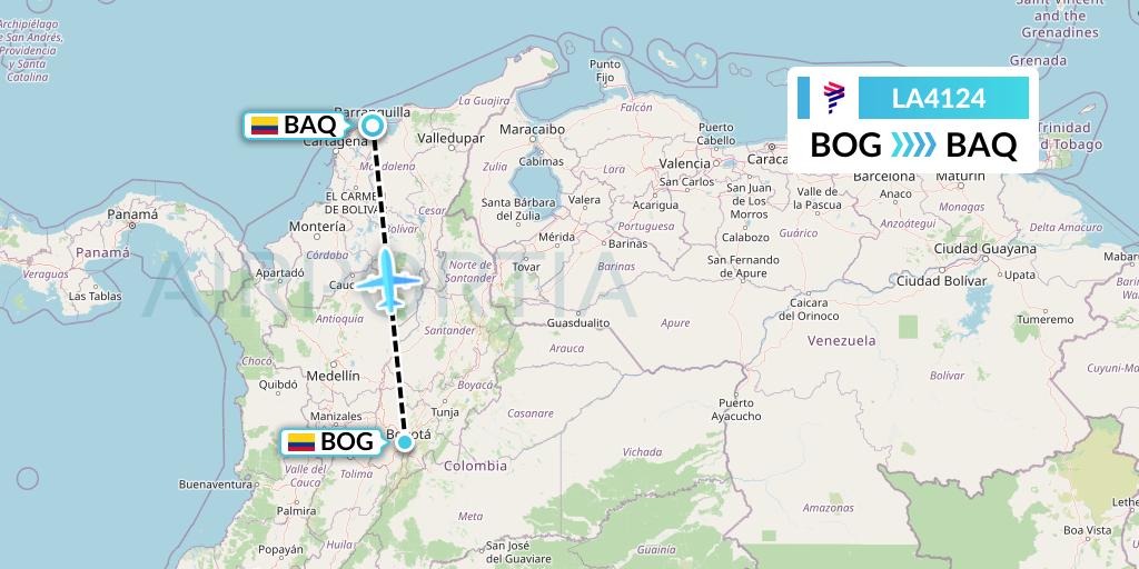 LA4124 LAN Airlines Flight Map: Bogota to Barranquilla
