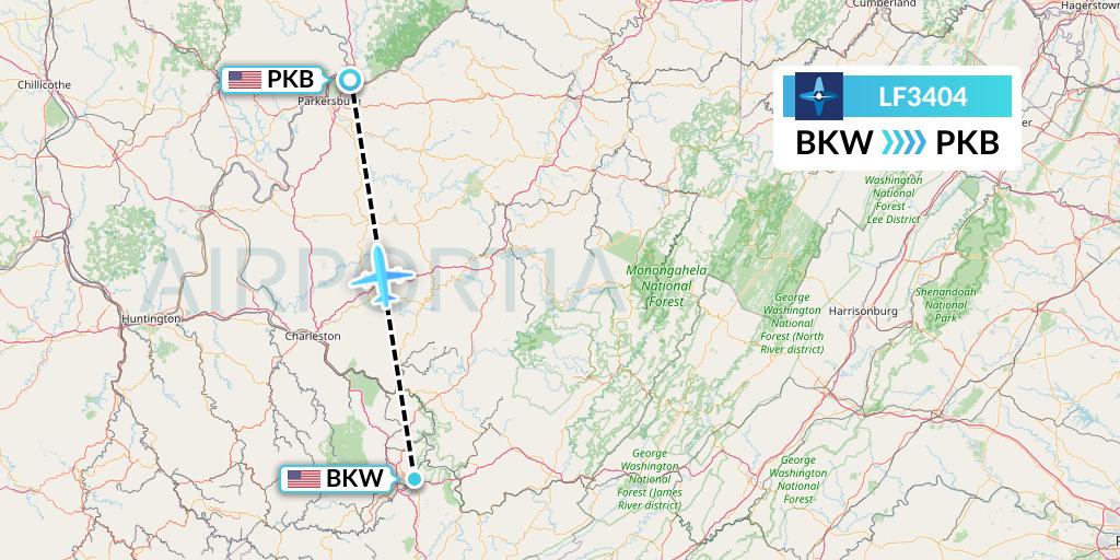 LF3404 Corporate Flight Management Flight Map: Beckley to Parkersburg