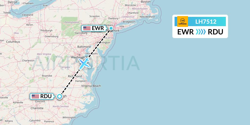 LH7512 Lufthansa Flight Map: New York to Raleigh-Durham