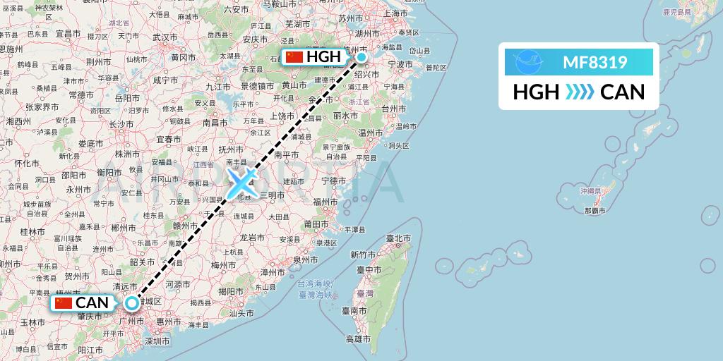 MF8319 Xiamen Airlines Flight Map: Hangzhou to Guangzhou