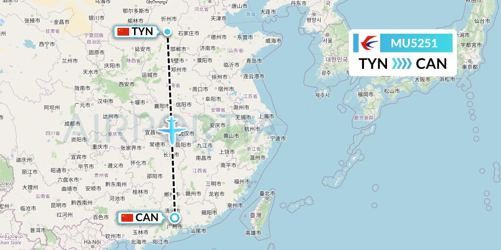 MU5251 China Eastern Airlines Flight Map: Taiyuan to Guangzhou