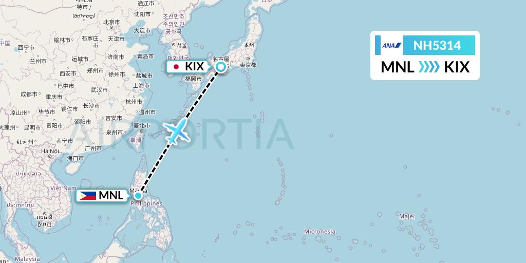 NH5314 All Nippon Airways Flight Map: Manila to Osaka