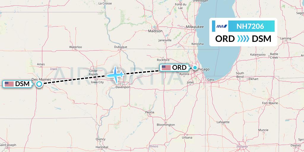 NH7206 All Nippon Airways Flight Map: Chicago to Des Moines