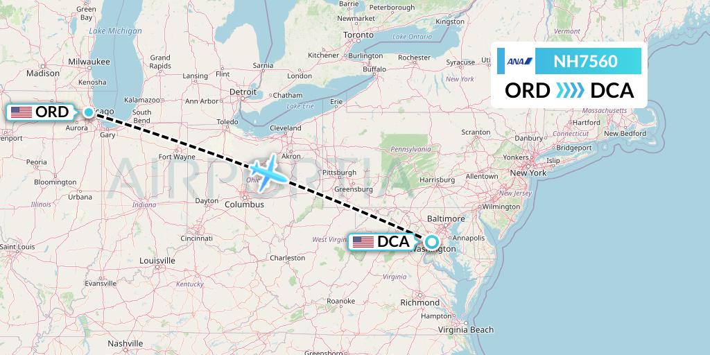NH7560 All Nippon Airways Flight Map: Chicago to Washington