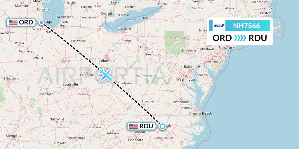 NH7566 All Nippon Airways Flight Map: Chicago to Raleigh-Durham