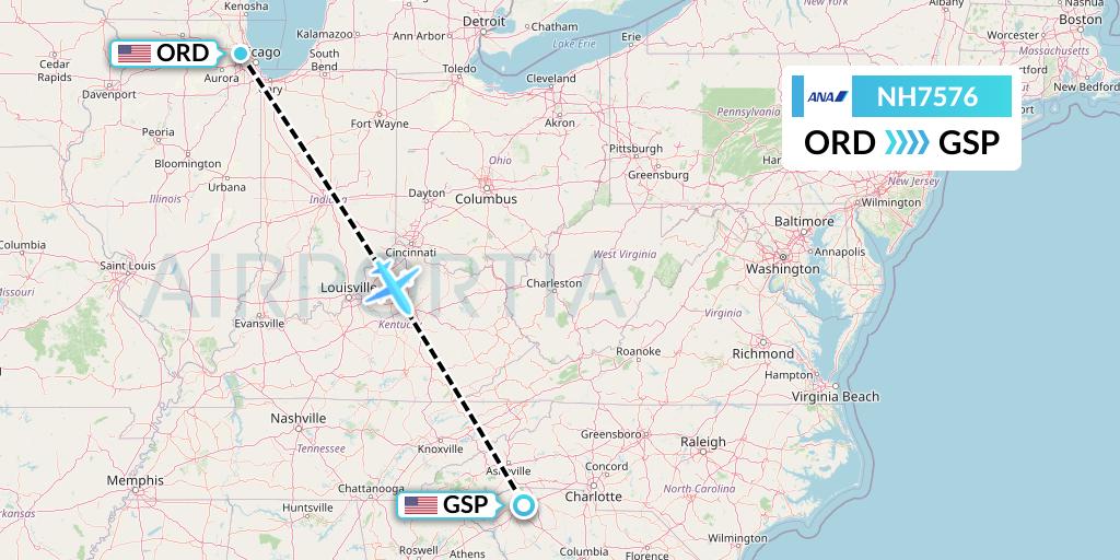 NH7576 All Nippon Airways Flight Map: Chicago to Greenville-Spartanburg