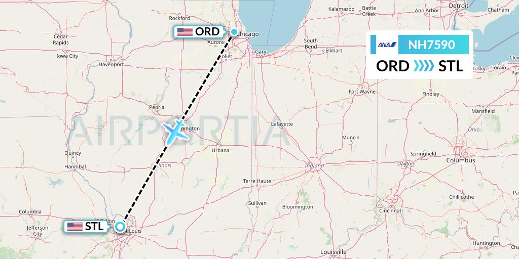 NH7590 All Nippon Airways Flight Map: Chicago to St. Louis