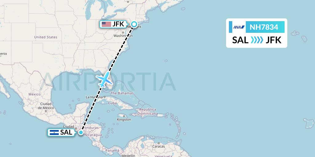 NH7834 All Nippon Airways Flight Map: San Salvador to New York