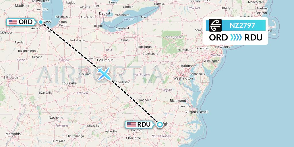 NZ2797 Air New Zealand Flight Map: Chicago to Raleigh-Durham