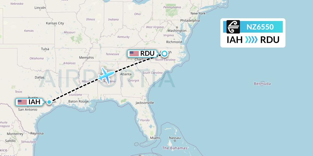 NZ6550 Air New Zealand Flight Map: Houston to Raleigh-Durham