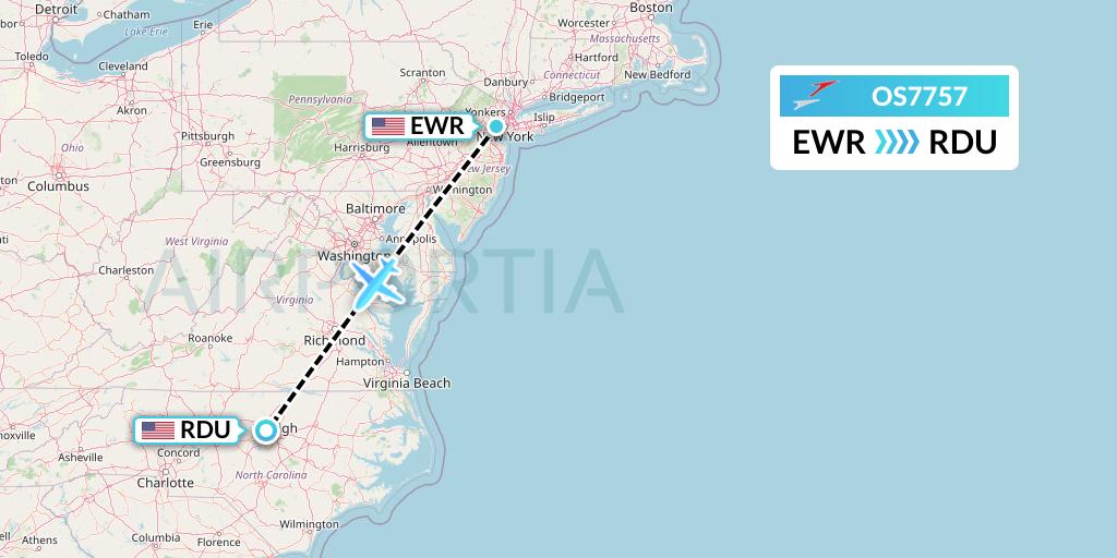 OS7757 Austrian Airlines Flight Map: New York to Raleigh-Durham