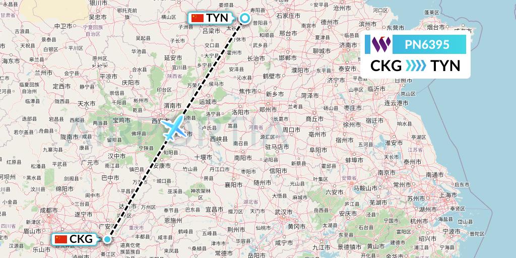 PN6395 China West Air Flight Map: Chongqing to Taiyuan