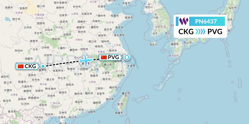 PN6437 China West Air Flight Map: Chongqing to Shanghai