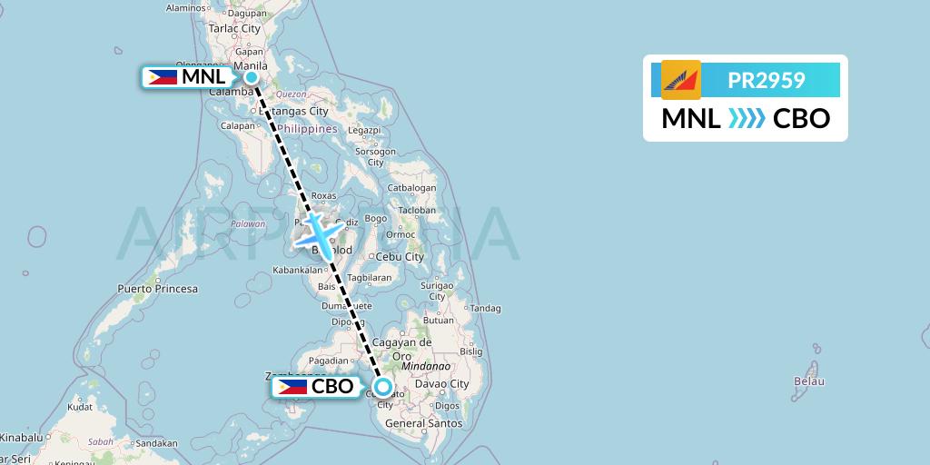 PR2959 Philippine Airlines Flight Map: Manila to Cotabato