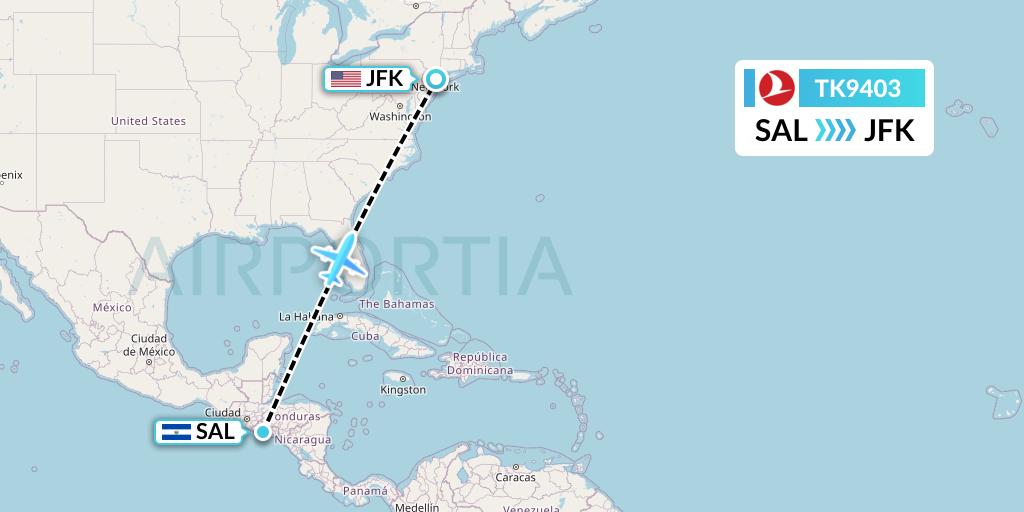 TK9403 Turkish Airlines Flight Map: San Salvador to New York