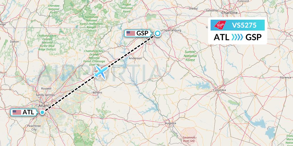 VS5275 Virgin Atlantic Airways Flight Map: Atlanta to Greenville-Spartanburg
