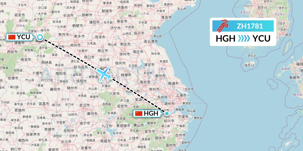 ZH1781 Shenzhen Airlines Flight Map: Hangzhou to Yuncheng