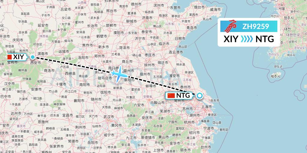 ZH9259 Shenzhen Airlines Flight Map: Xi'an to Nantong
