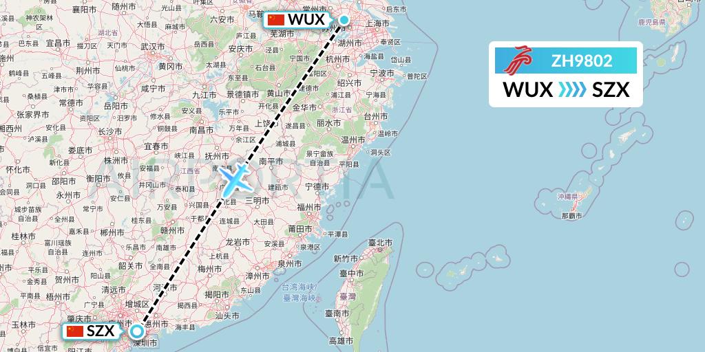 ZH9802 Shenzhen Airlines Flight Map: Wuxi to Shenzhen