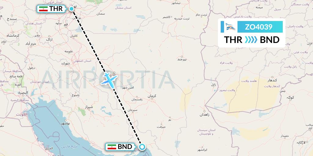 ZO4039 Zagros Airlines Flight Map: Tehran to Bandar Abbas