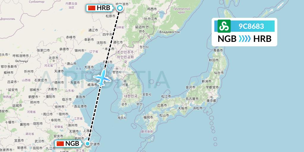 9C8683 Spring Airlines Flight Map: Ningbo to Harbin