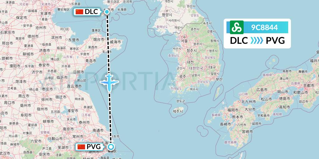 9C8844 Spring Airlines Flight Map: Dalian to Shanghai