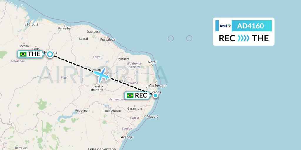 AD4160 Azul Brazilian Airlines Flight Map: Recife to Teresina