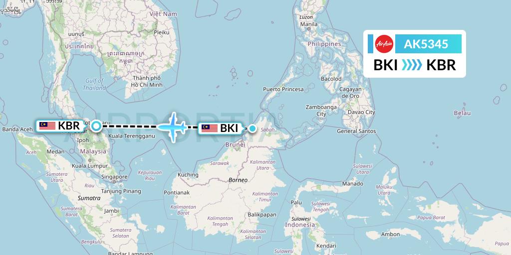 AK5345 AirAsia Flight Map: Kota Kinabalu to Kota Bharu
