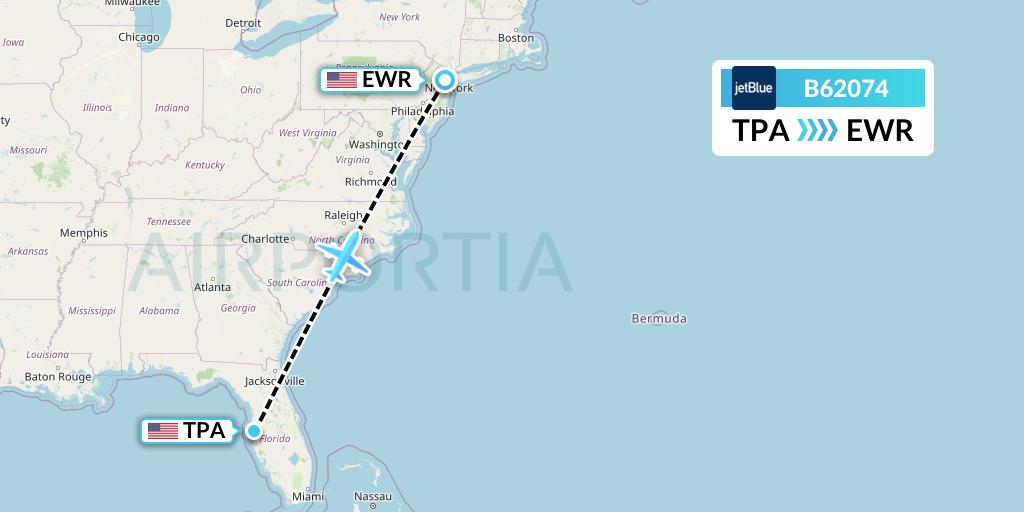B62074 JetBlue Airways Flight Map: Tampa to New York