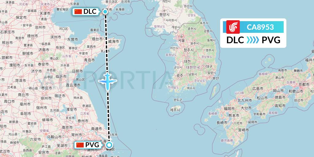 CA8953 Air China Flight Map: Dalian to Shanghai