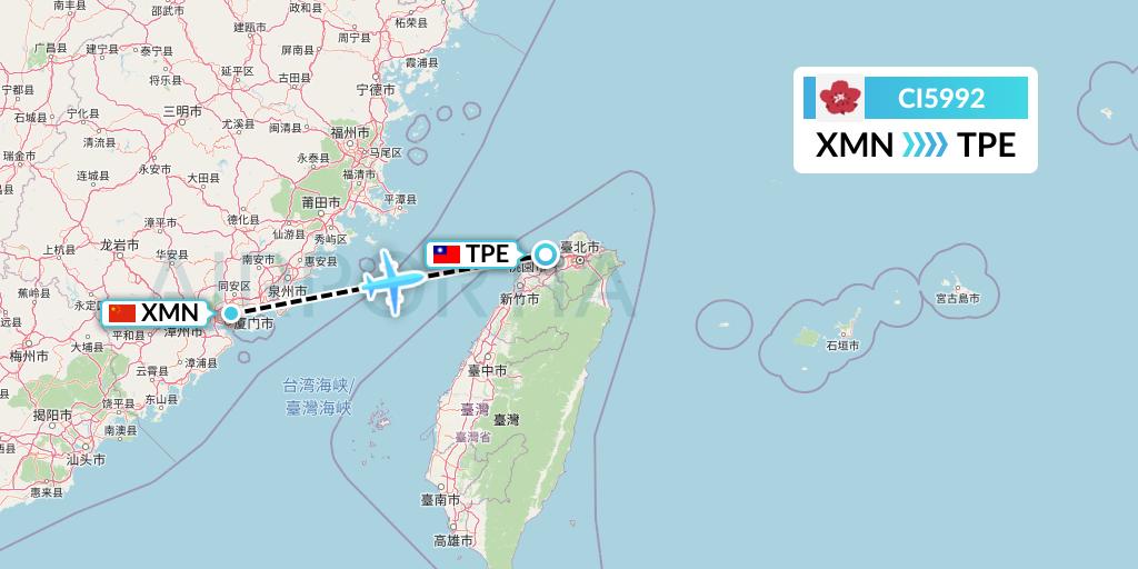 CI5992 China Airlines Flight Map: Xiamen to Taipei