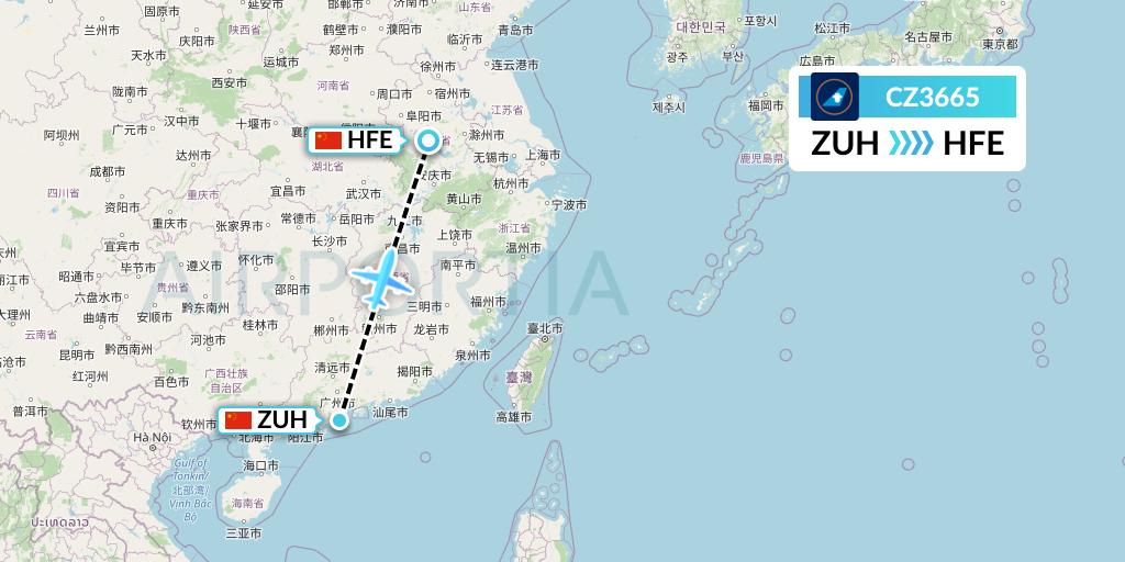 CZ3665 China Southern Airlines Flight Map: Zhuhai to Hefei