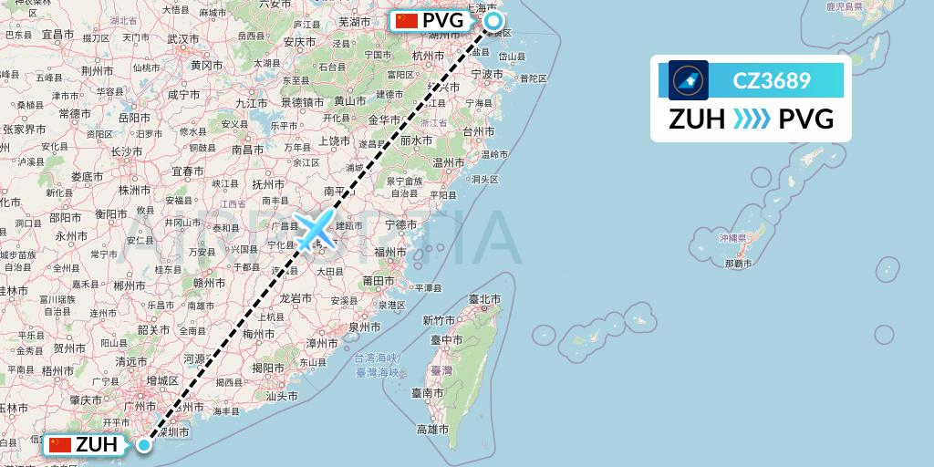 CZ3689 China Southern Airlines Flight Map: Zhuhai to Shanghai