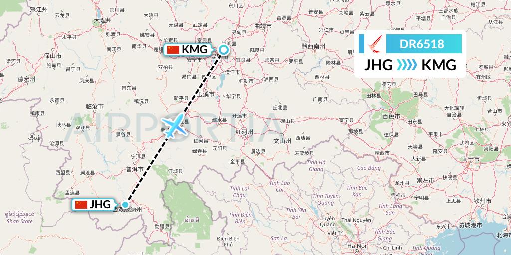 DR6518 Ruili Airlines Flight Map: Jinghong to Kunming