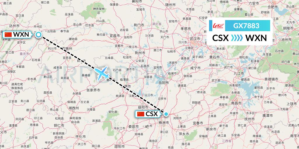 GX7883 GX Airlines Flight Map: Changsha to Wanzhou