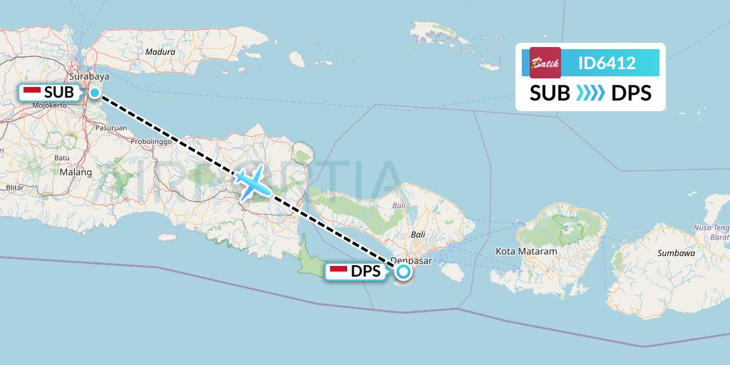 ID6412 Batik Air Flight Map: Surabaya to Denpasar