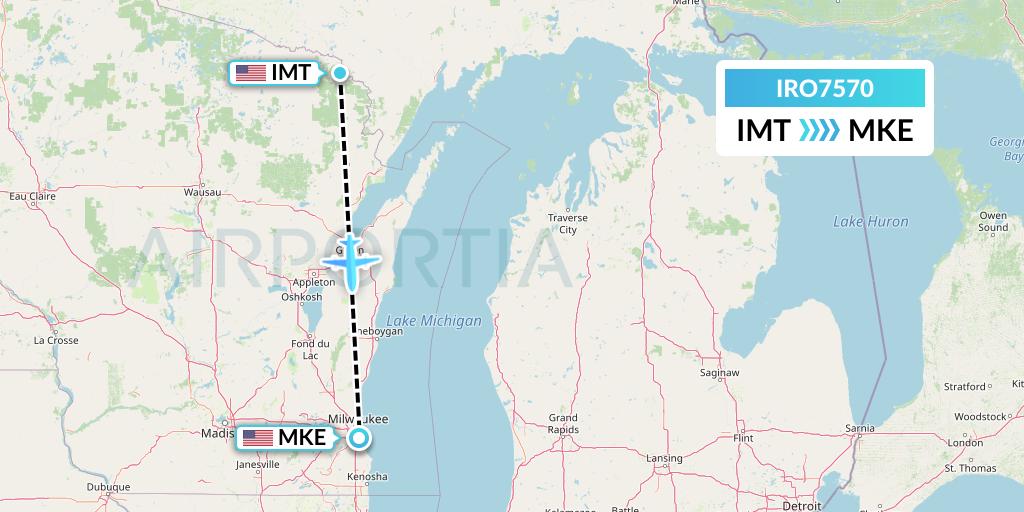 IRO7570 CSA Air Flight Map: Iron Mountain Kingsford to Milwaukee