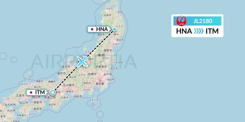 JL2180 Japan Airlines Flight Map: Hanamaki to Osaka
