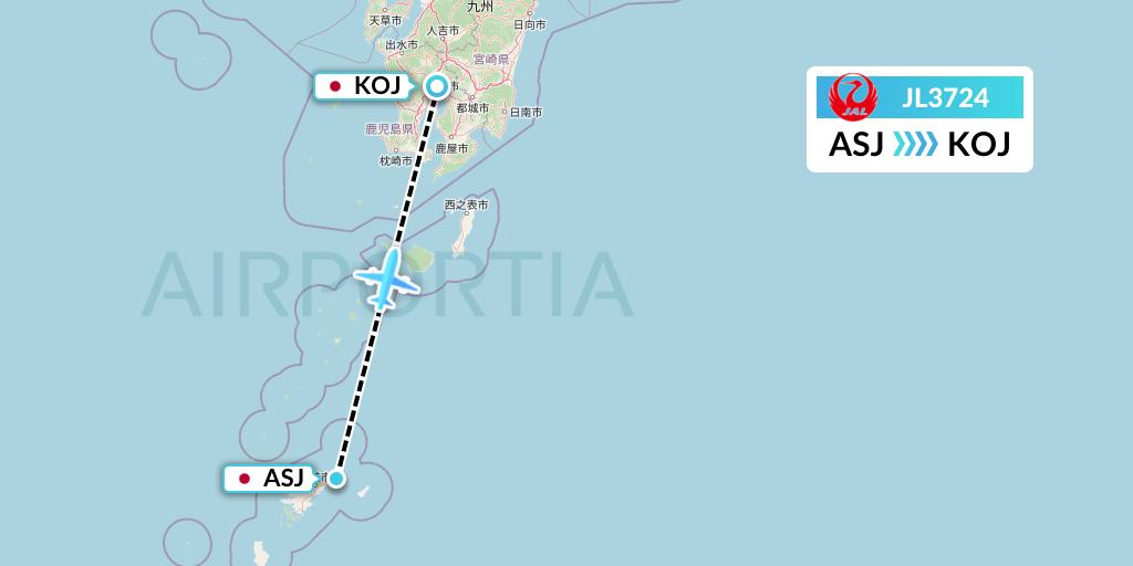 JL3724 Japan Airlines Flight Map: Amami to Kagoshima