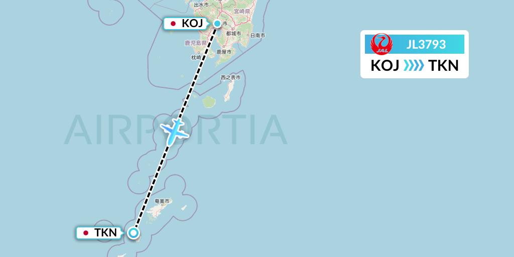 JL3793 Japan Airlines Flight Map: Kagoshima to Tokunoshima